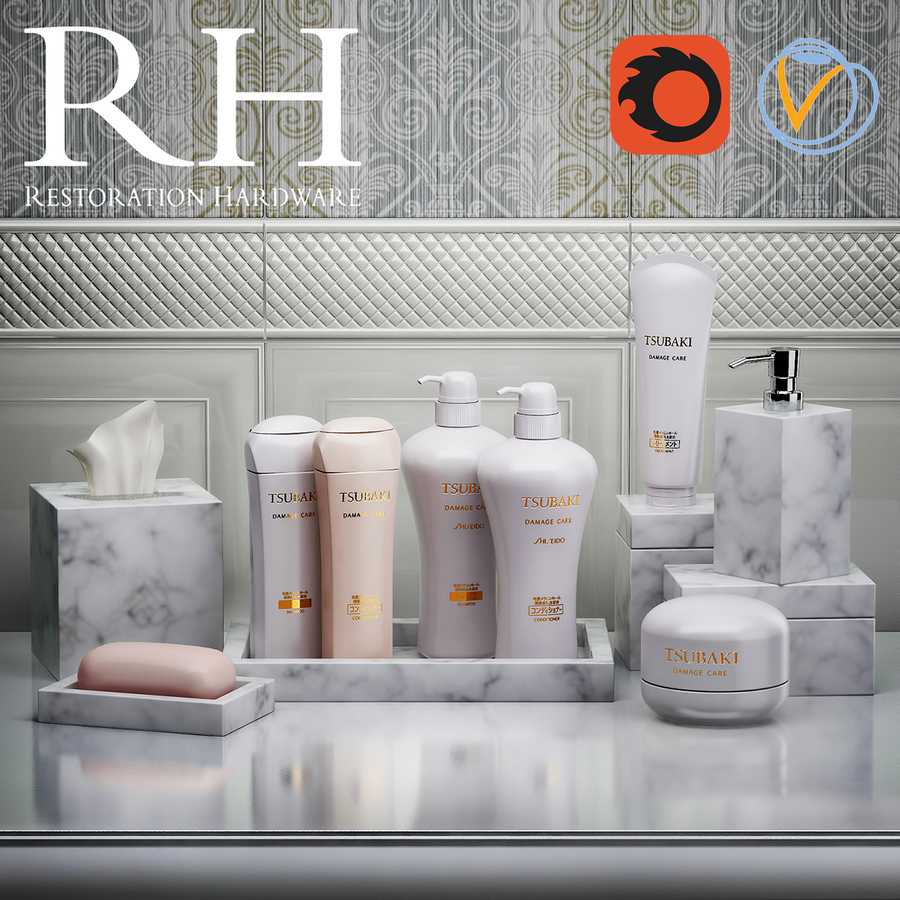 Set for Restoration Hardware bathroom with shampoos and plates